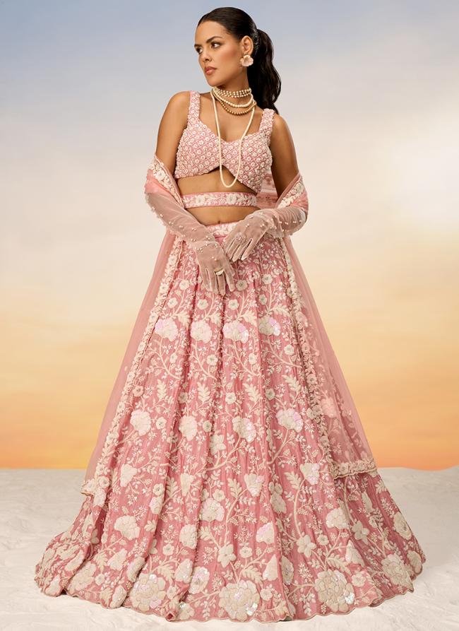 Net Rose Gold Party Wear Stone Work Lehenga Choli